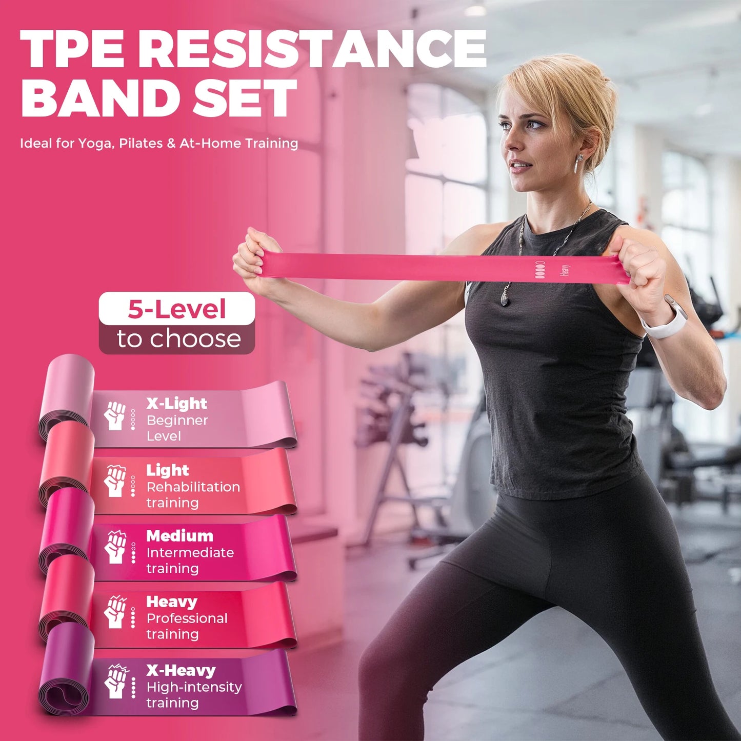 5 Levels TPE Resistance Bands Set – Fitness Exercise Bands for Home Workout, Yoga, Pilates, Physical Therapy, Strength Training