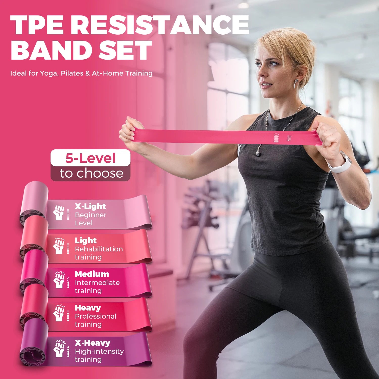 5 Levels TPE Resistance Bands Set – Fitness Exercise Bands for Home Workout, Yoga, Pilates, Physical Therapy, Strength Training